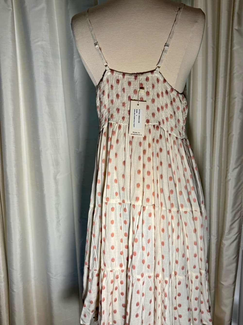 Off white adjustable Strap Polka Dot Tiered Maxi Dress - Pink Dots - Picture 4 of 11